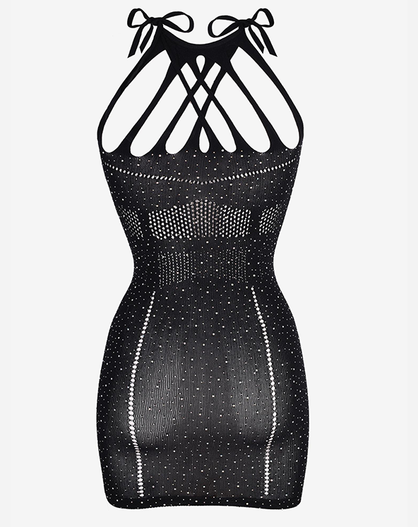 Dizajn kostima sa cirkonima crne boje. Slika otpozadi.