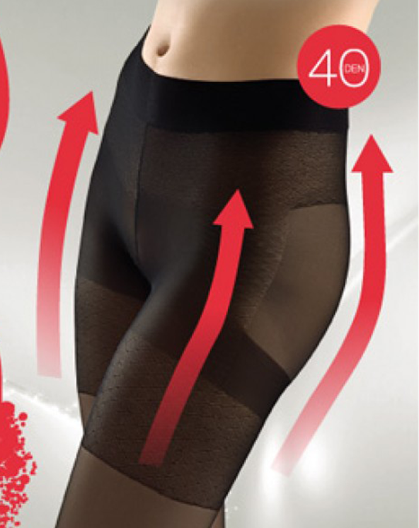 Crne providne unihop čarape koje nosi model sa crvenim strelicama koje označavaju kompresiju.