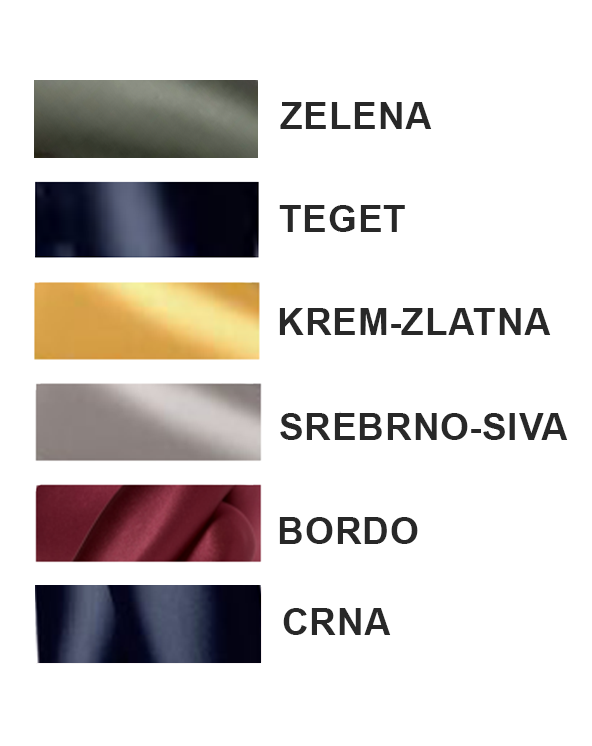 Uzorci boja sa oznakama. Zelena,
teget, krem zlatna, srebrno siva, bordo.